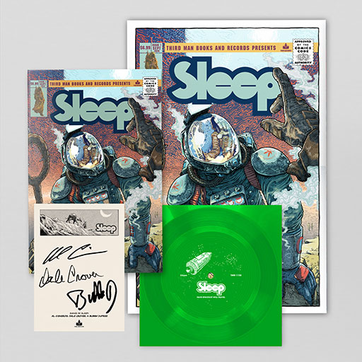 A collection of Sleep's new releases, including the single, comic book, and other merchandise.