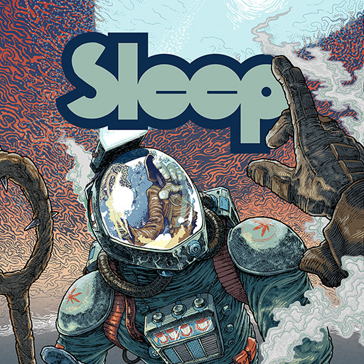 The cover of Sleep's new single, showing a cartoon astronaut in a spacesuit, floating in space with planets and stars in the background.