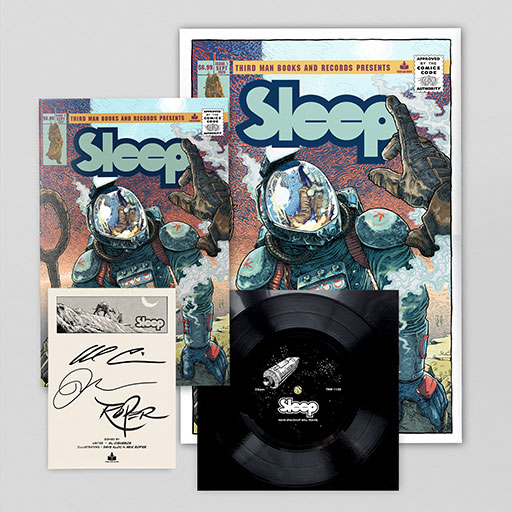 A collection of Sleep's new releases, including the single, comic book, and other merchandise.
